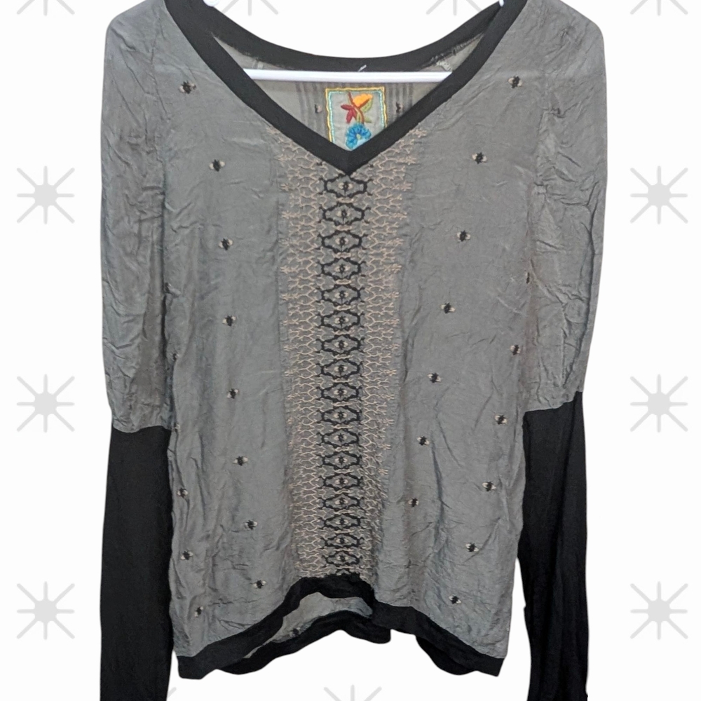 Johnny Was Gray and Black Embellished Blouse Vintage